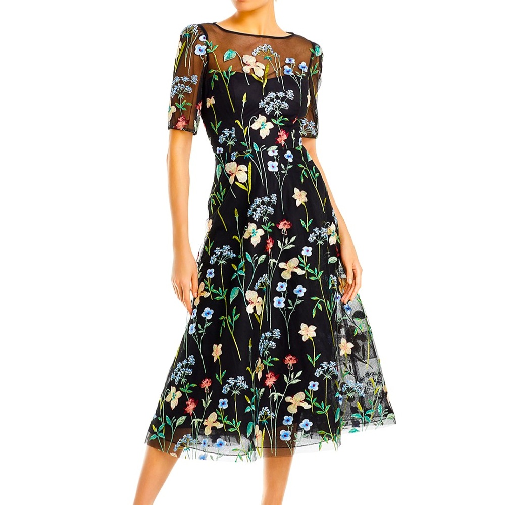 🌷NWOT‼️ TERI JON BY RICKIE FREEMAN Floral Embroidered Tulle Midi Dress - Size 8✨